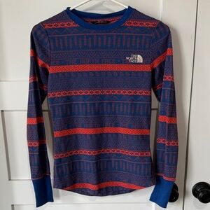 The North Face Navy and Orange Patterned Crewneck Base Layer XS